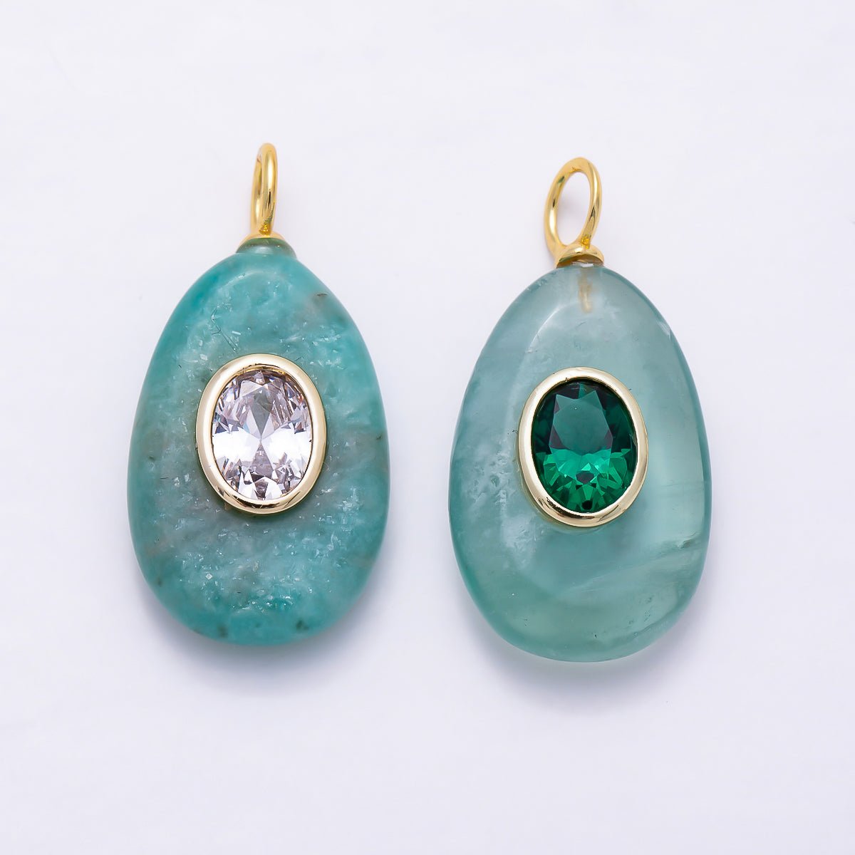 16K Gold Filled 30mm Green Aventurine Oval Bezel CZ Natural Gemstone Teardrop Charm | Charms-01904 - Charms-01905 - DLUXCA