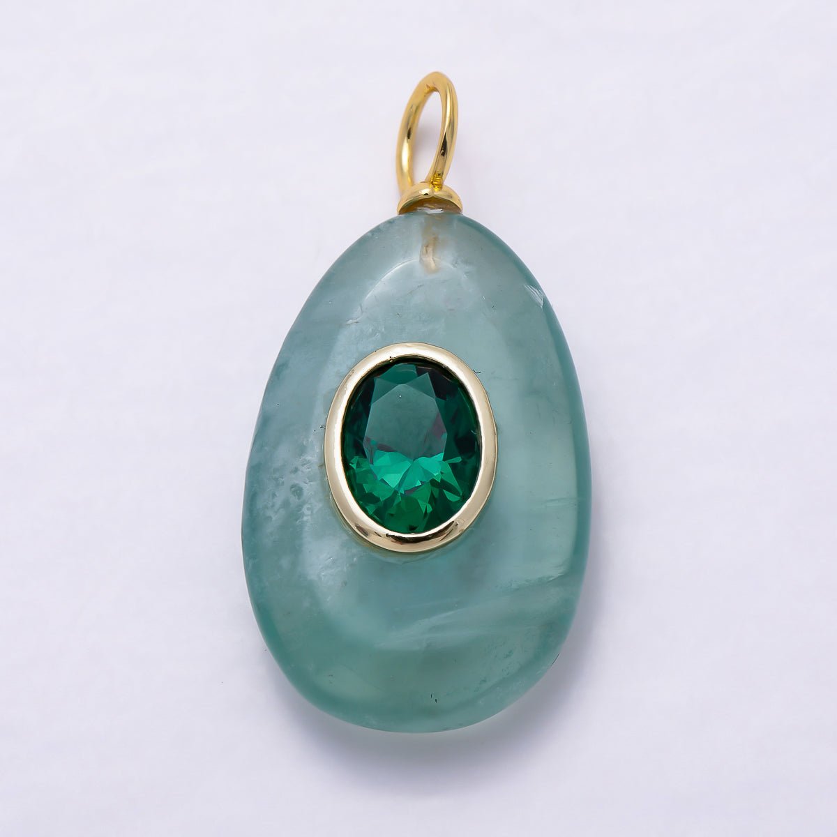 16K Gold Filled 30mm Green Aventurine Oval Bezel CZ Natural Gemstone Teardrop Charm | Charms-01904 - Charms-01905 - DLUXCA