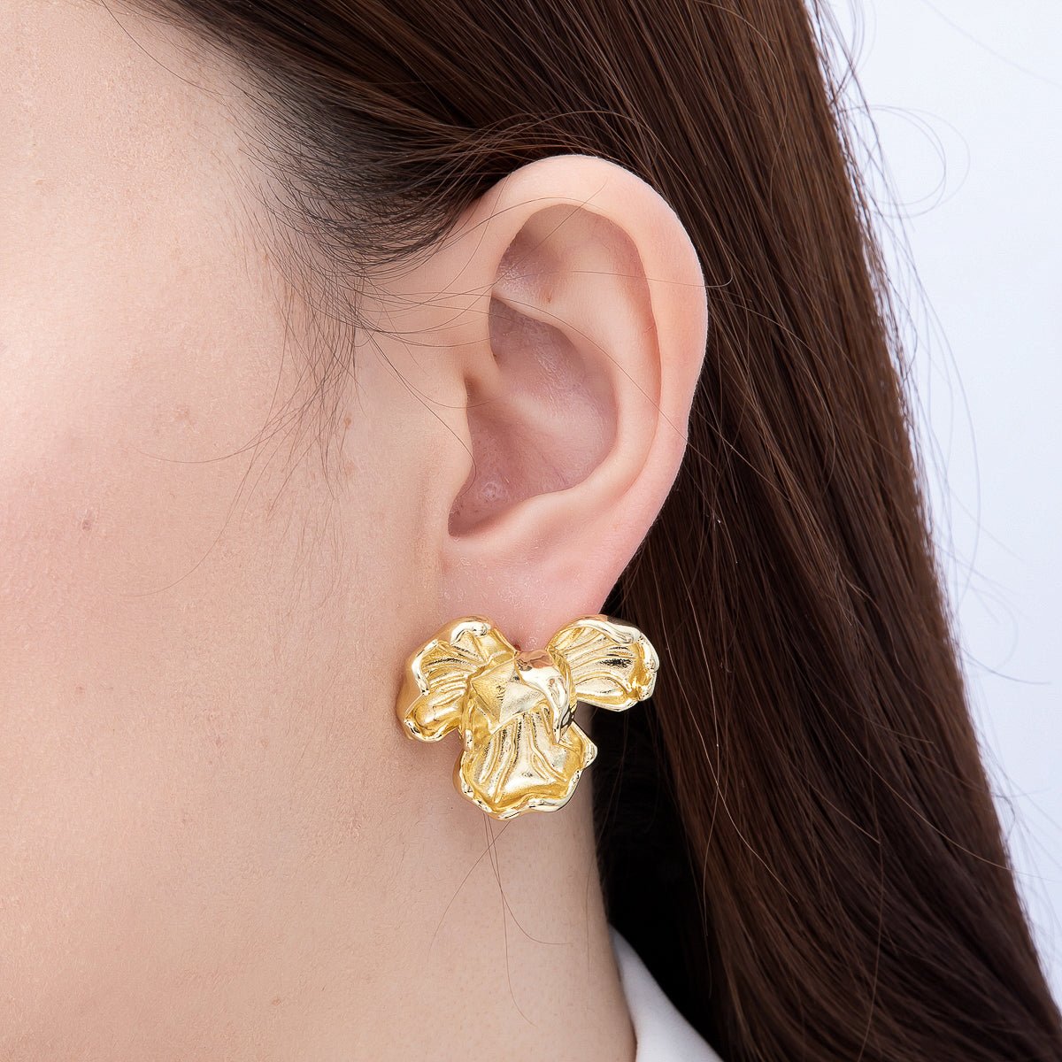 16K Gold Filled 30mm Minimalist Geometric Foil Flower Drop Stud Earrings | Findings-00489 - DLUXCA