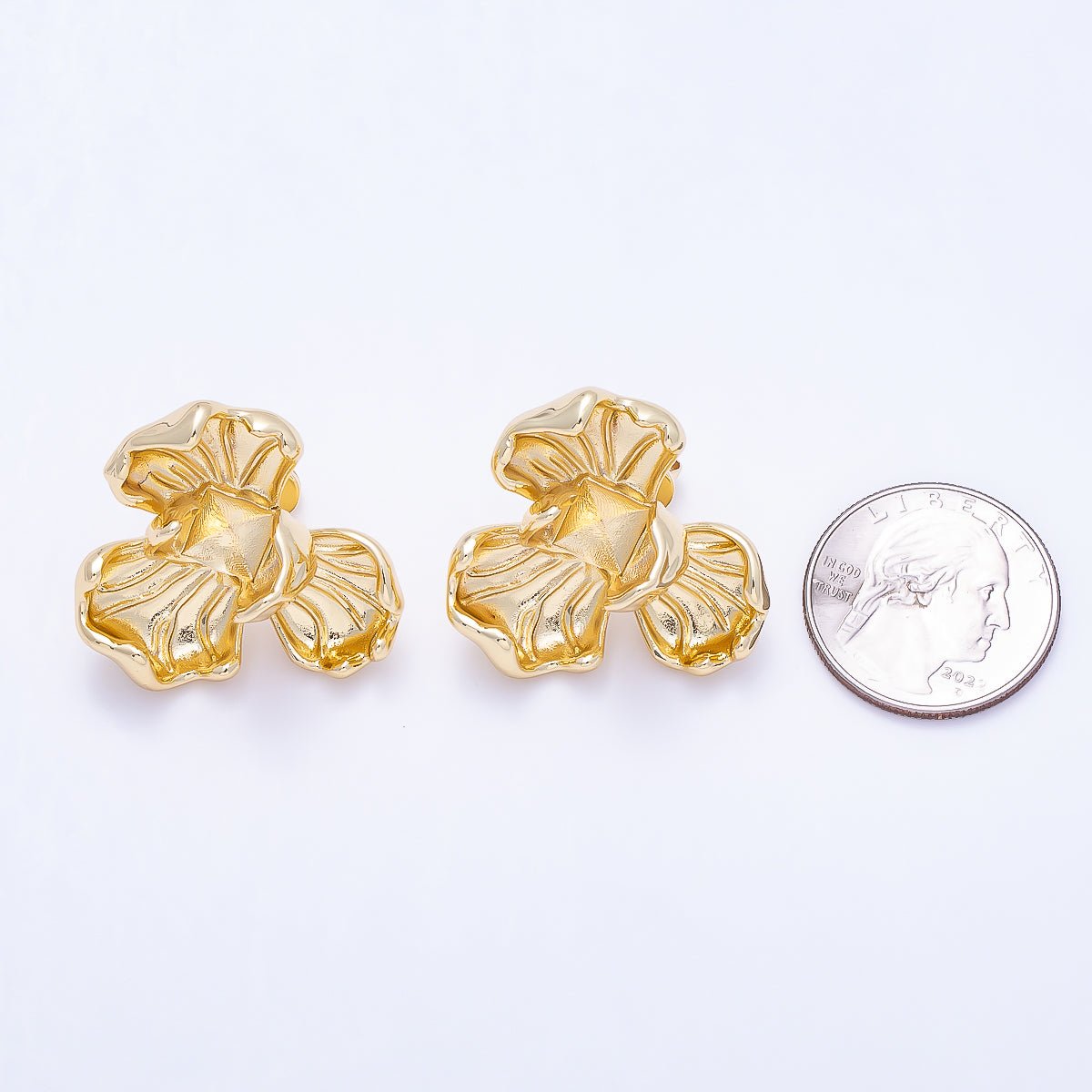 16K Gold Filled 30mm Minimalist Geometric Foil Flower Drop Stud Earrings | Findings-00489 - DLUXCA