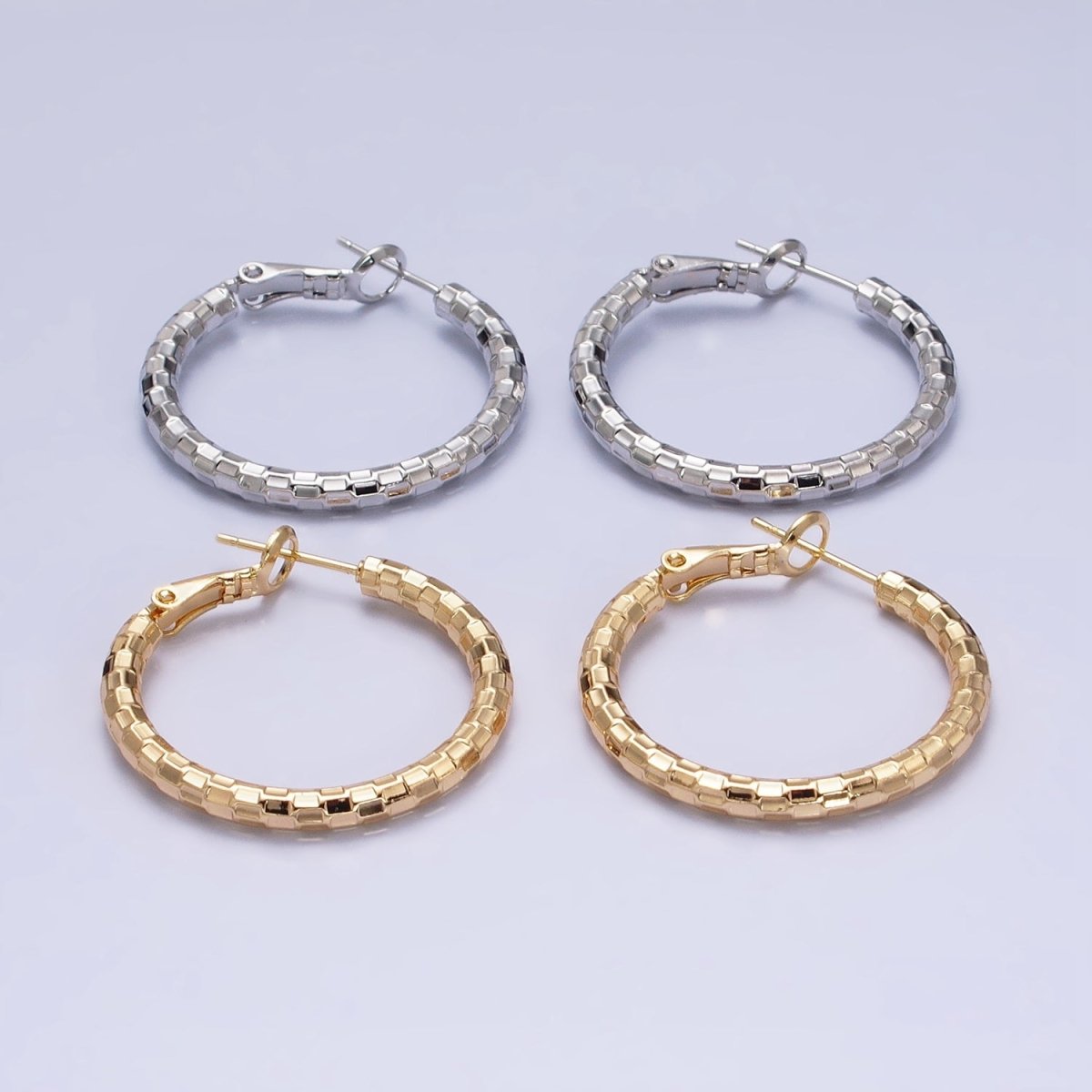 16K Gold Filled 30mm Multifaceted Textured Hinge Hoop Earrings in Gold & Silver | AD1211 AD1212 - DLUXCA