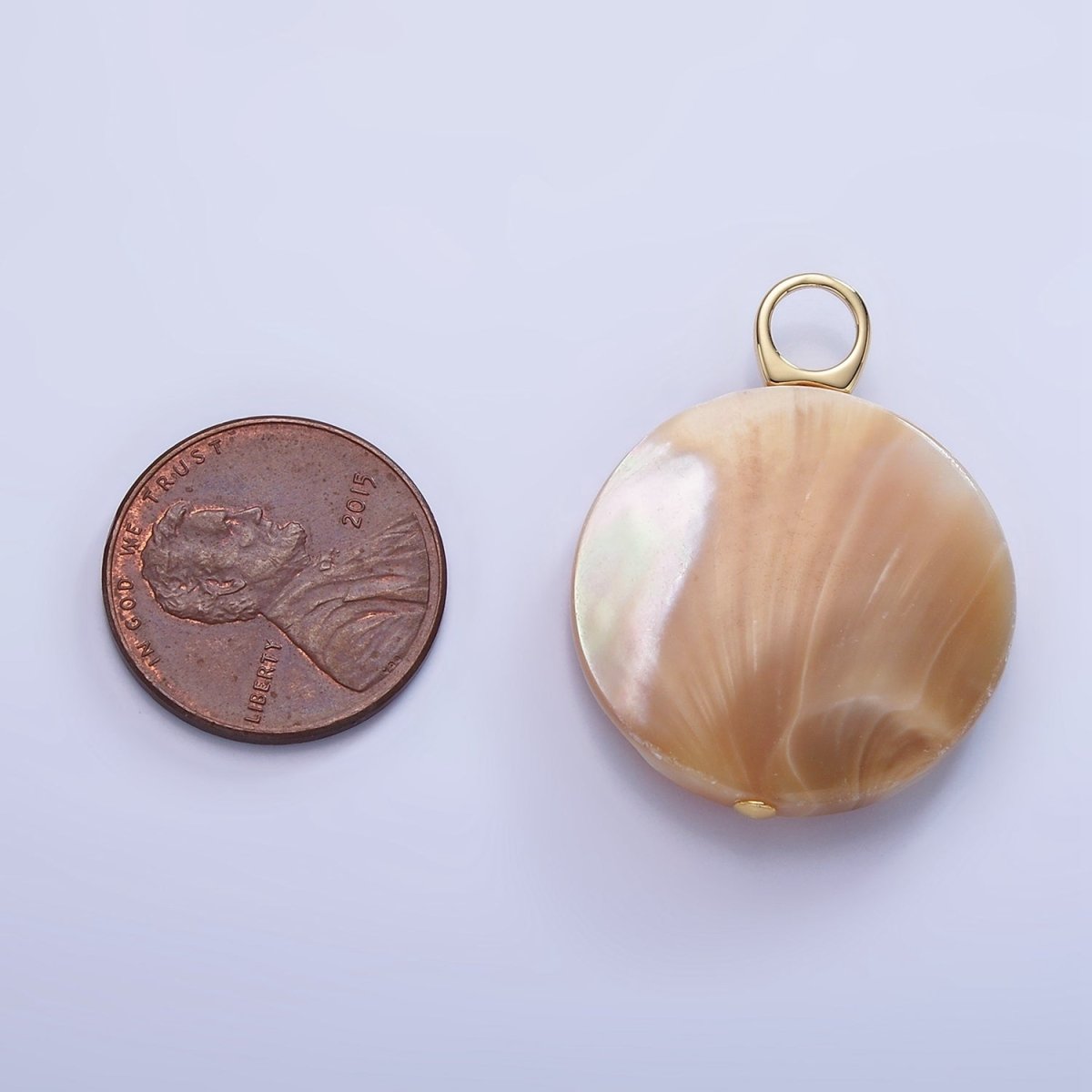 16K Gold Filled 30mm Peach White Shell Pearl Flat Round Pendant | P1748 - DLUXCA