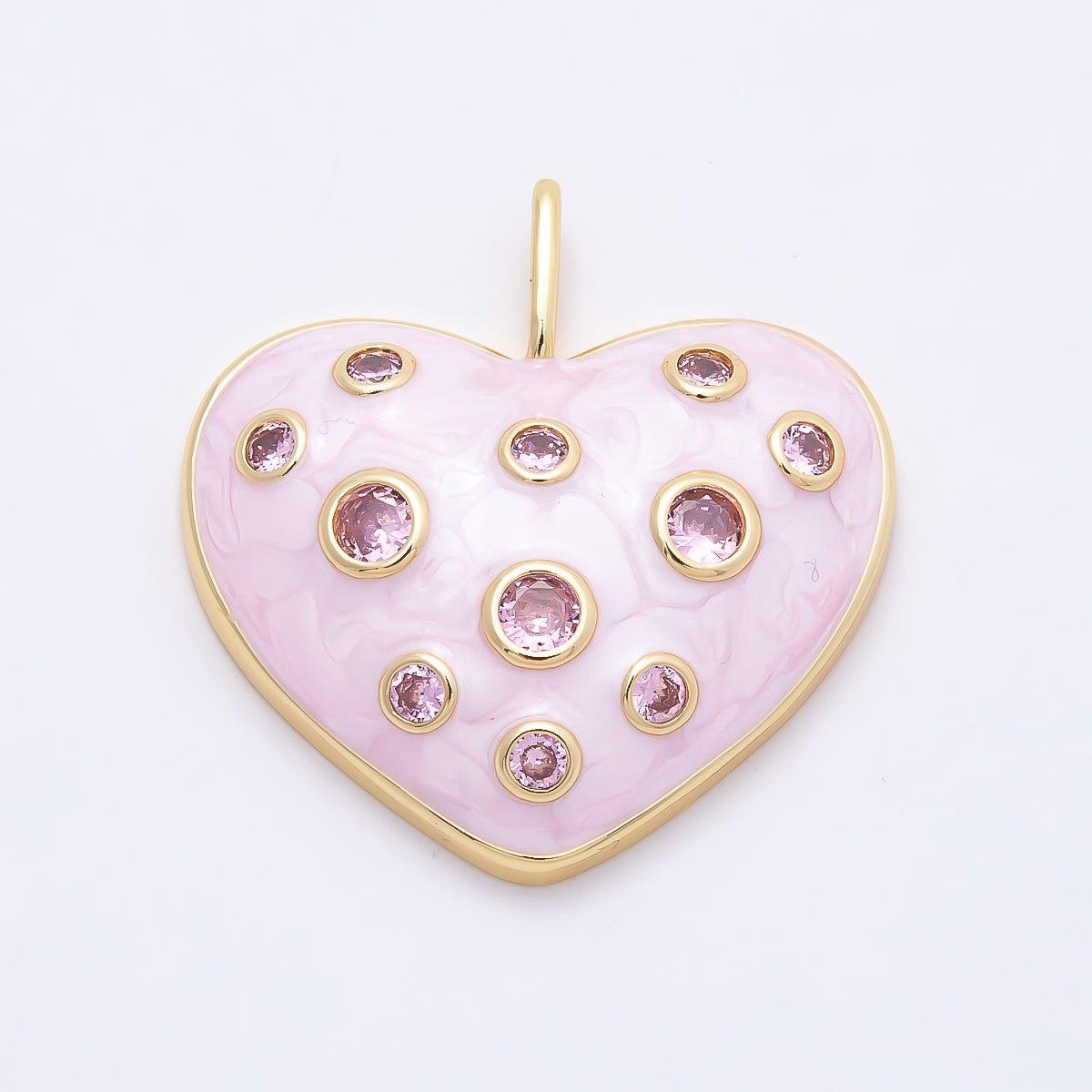 16K Gold Filled 30mm Pink CZ Dotted Glitter Enamel Heart Pendant | Charms - 00856 - DLUXCA