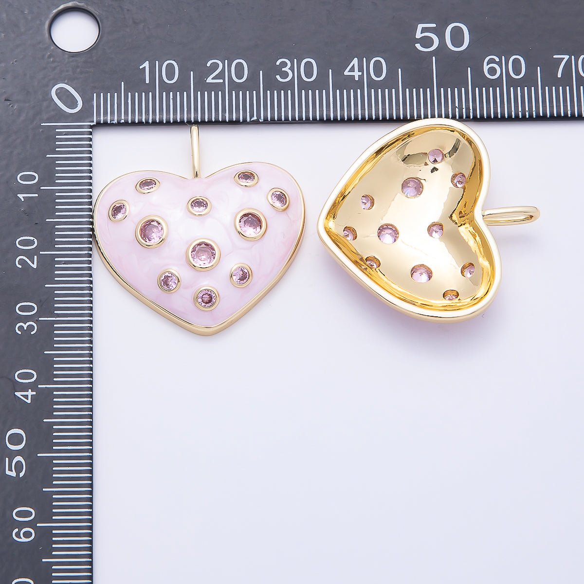 16K Gold Filled 30mm Pink CZ Dotted Glitter Enamel Heart Pendant | Charms - 00856 - DLUXCA