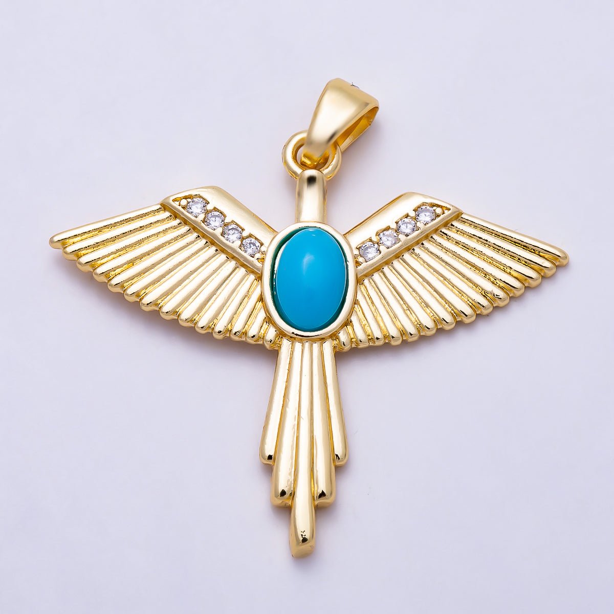 16K Gold Filled 30mm Turquoise Micro Paved CZ Geometric Ribbed Wings Pendant | Charms-01995 - DLUXCA