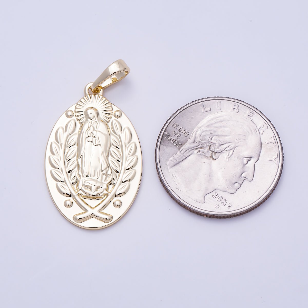 16K Gold Filled 30mm Wheat Our Lady of Guadalupe Mary Religious Oval Pendant | Charms-01477 - DLUXCA