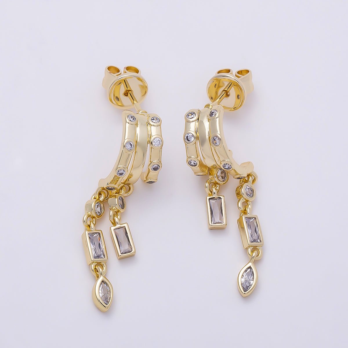 16K Gold Filled 31.5mm Baguette Marquise CZ Dotted Drop C-Shaped Hoop | Earrings-00686 - DLUXCA
