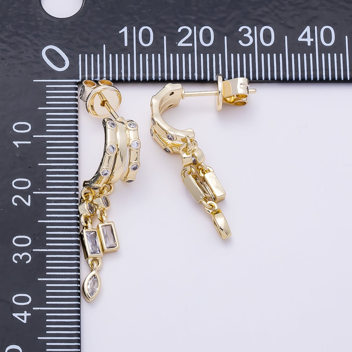 16K Gold Filled 31.5mm Baguette Marquise CZ Dotted Drop C-Shaped Hoop | Earrings-00686 - DLUXCA