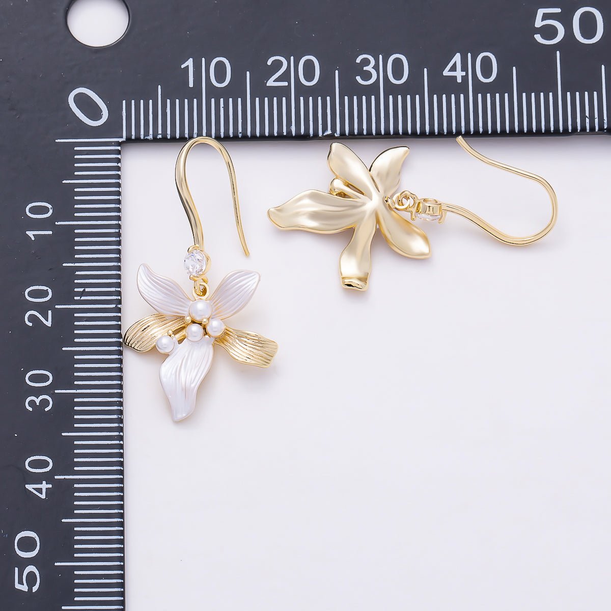16K Gold Filled 31mm Shell Pearl Clear CZ White Enamel Flower Drop Earrings in Gold & Silver | Earrings-00843 - Earrings-00844 - DLUXCA