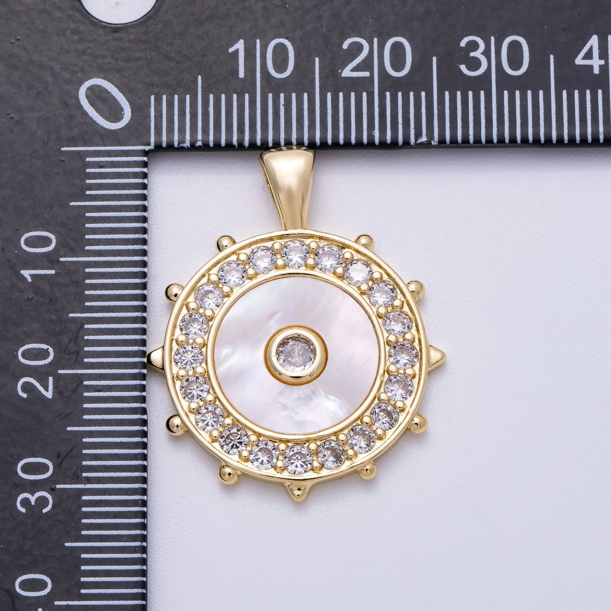 16K Gold Filled 31mm Shell Pearl Micro Paved CZ Evil Eyes Medallion Pendant | Charms - 00565 - DLUXCA