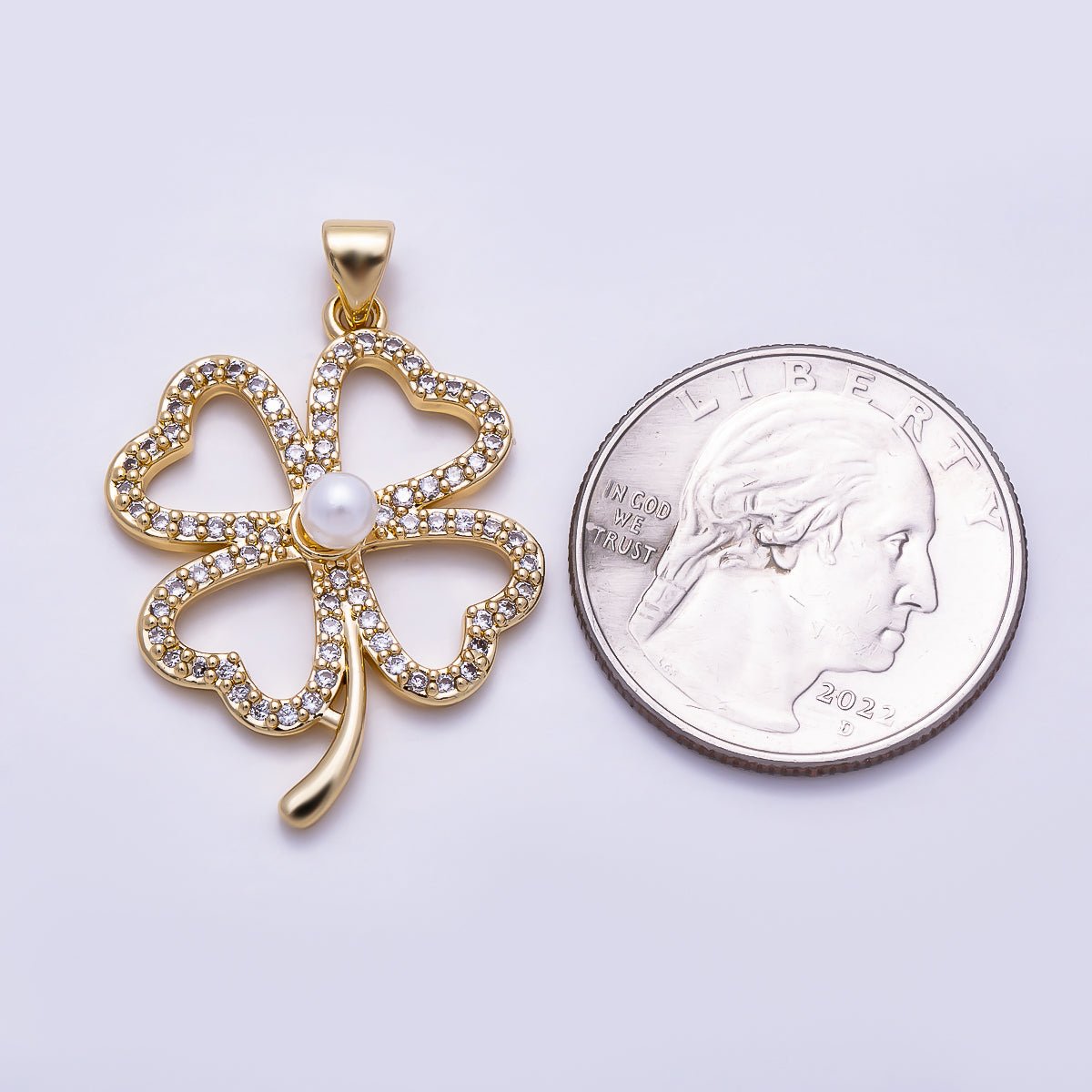 16K Gold Filled 31mm Shell Pearl Micro Paved CZ Four-Leaf Lucky Clover Pendant Saint Patrick Charm | Charms-01927 - DLUXCA