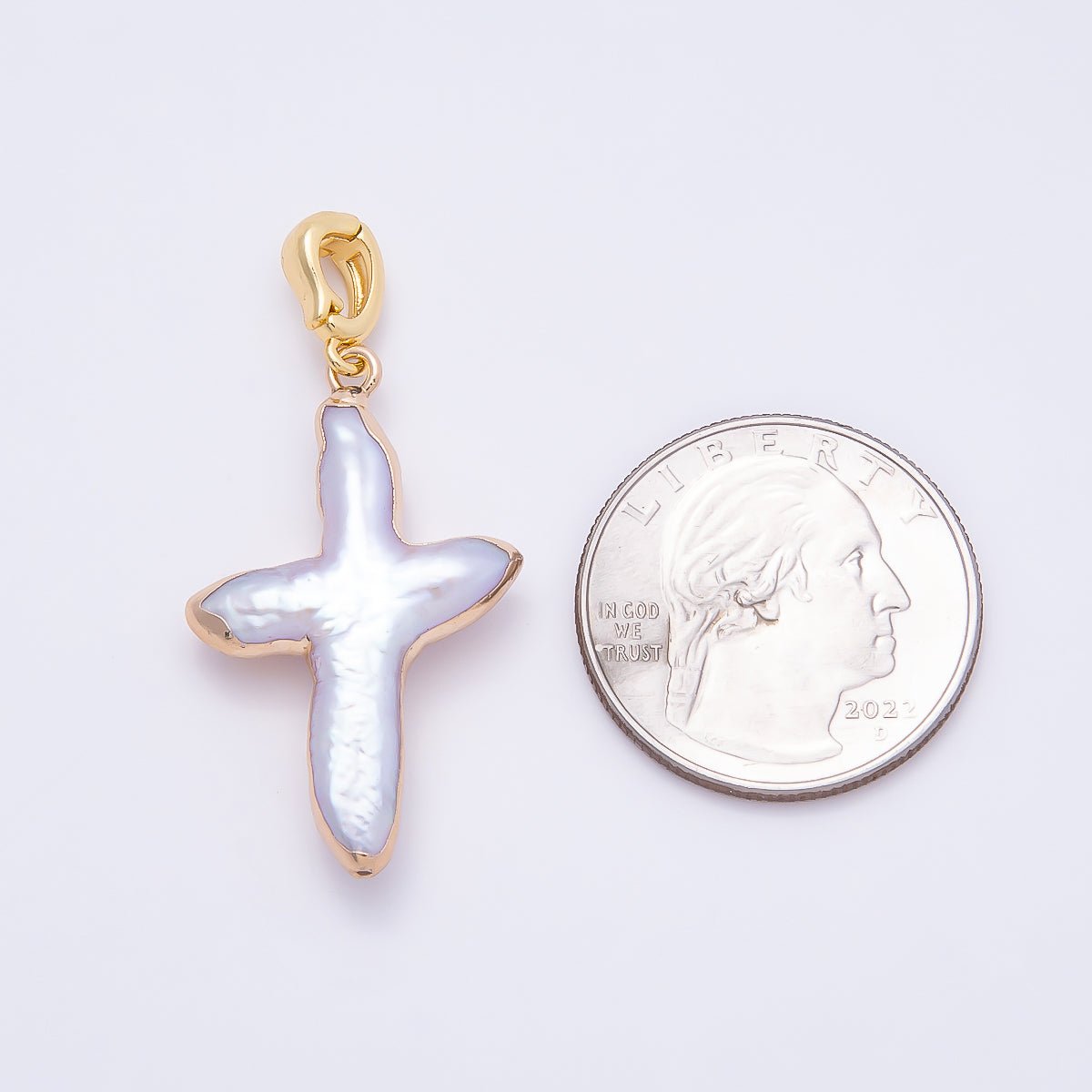 16K Gold Filled 32.5mm Freshwater Pearl Religious Cross Snap Latch Pendant | Charms - 00810 - DLUXCA