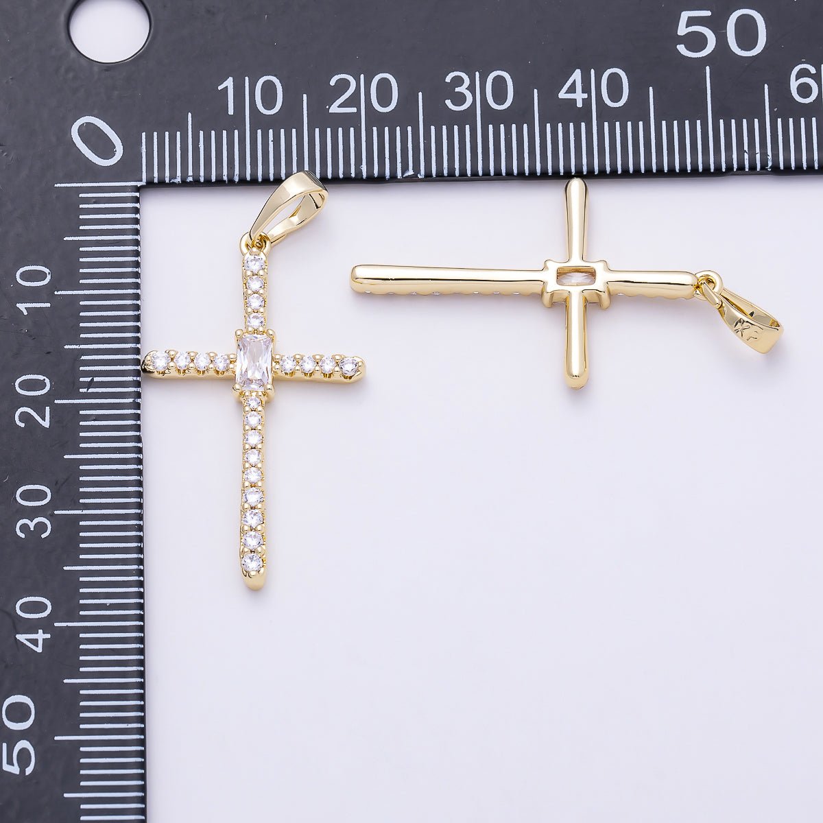 16K Gold Filled 32mm Clear Baguette Micro Paved CZ Cross Religious Pendant | Charms-01403 - DLUXCA