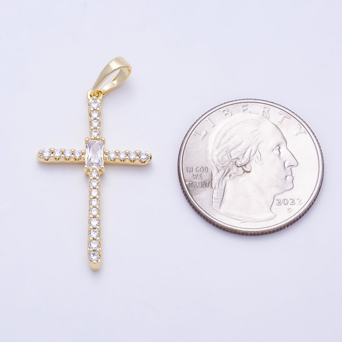 16K Gold Filled 32mm Clear Baguette Micro Paved CZ Cross Religious Pendant | Charms-01403 - DLUXCA