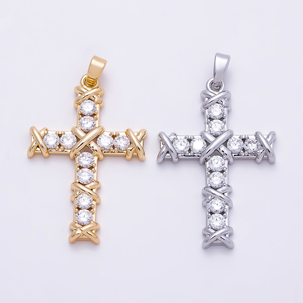 16K Gold Filled 32mm Clear CZ Tied Knot Religious Pendant in Gold & Silver | Charms-01368 Charms-01369 - DLUXCA