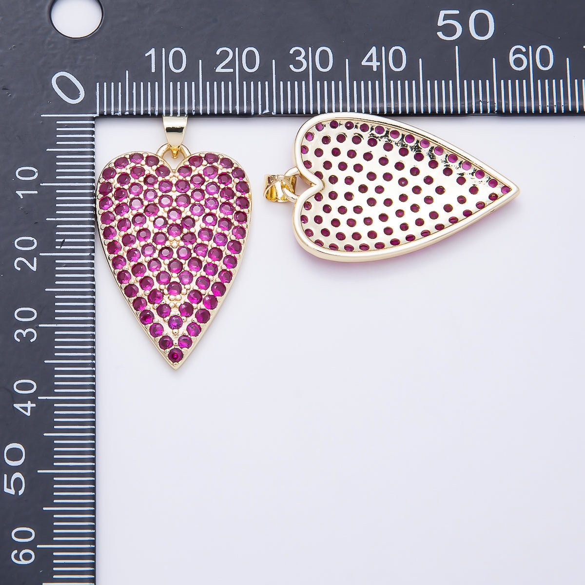 16K Gold Filled 32mm Clear, Fuchsia, and Turquoise Micro Paved CZ Elongated Heart Pendant | Charms-01774 - Charms-01776 - DLUXCA