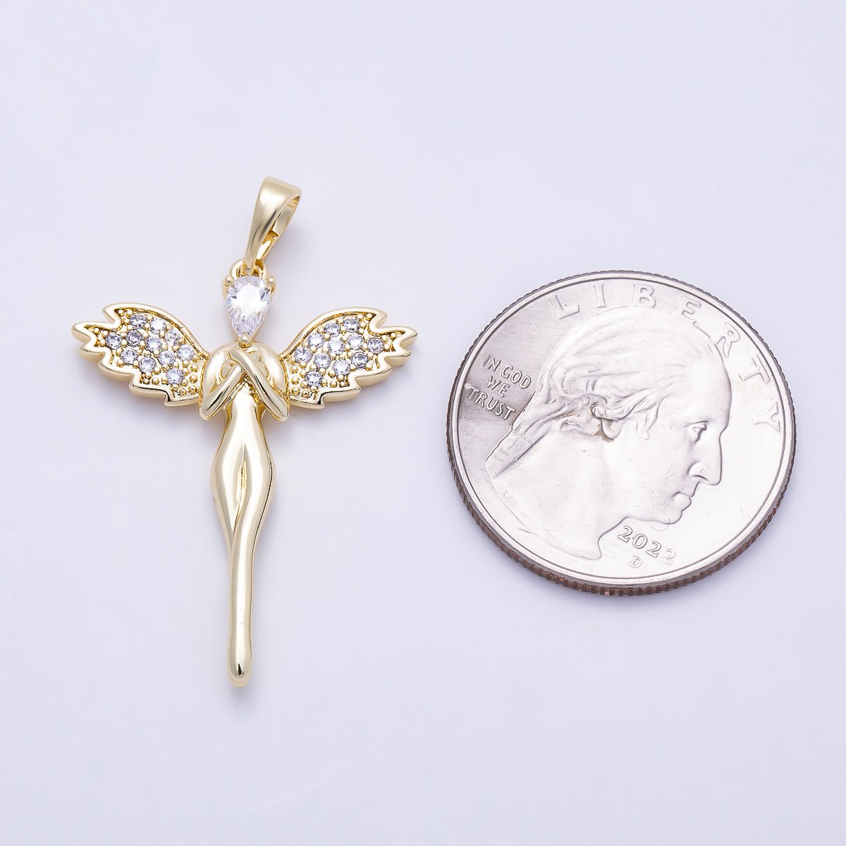 16K Gold Filled 32mm Micro Paved CZ Guardian Angel Religious Pendant | Charms-01392 - DLUXCA