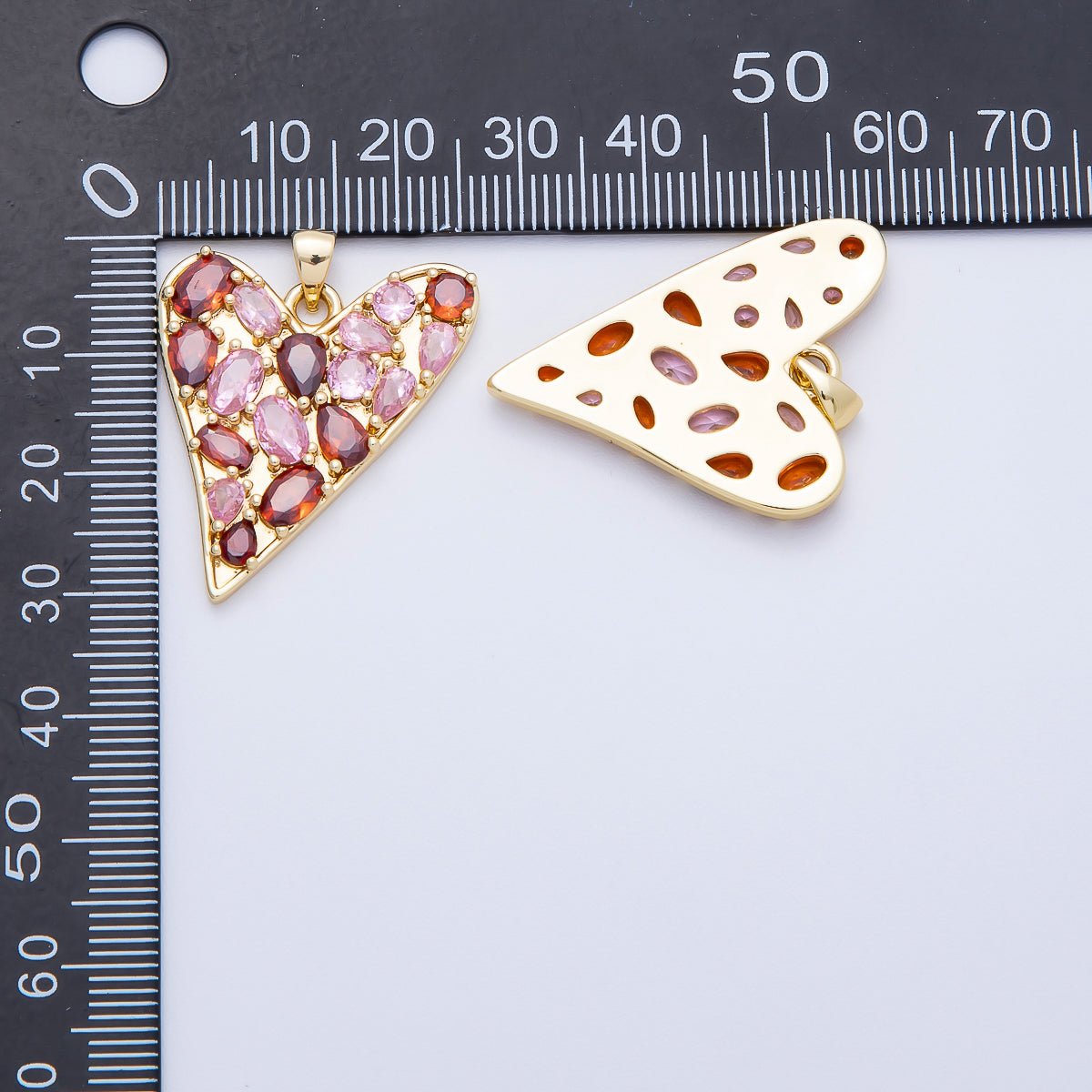 16K Gold Filled 32mm Red - Pink Multicolor CZ Geometric Heart Pendant | Charms - 00647 - DLUXCA