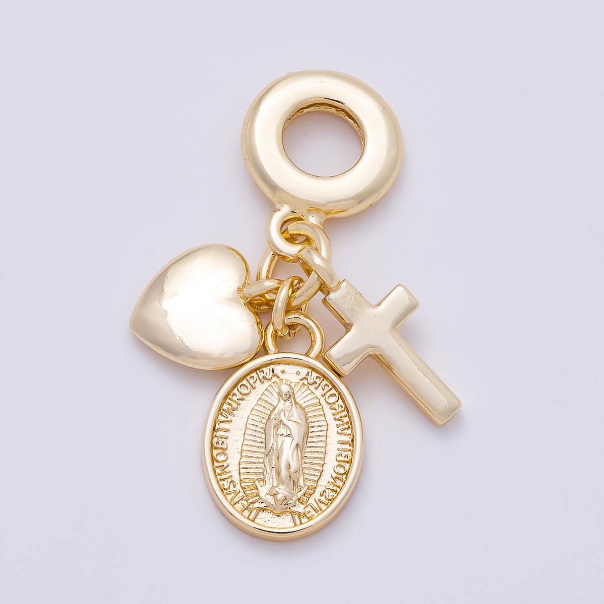 16K Gold Filled 32mm Religious Heart Cross Mother Mary Sunburst Latin Prayer Drop Rondelle Pendant | Charms-01154 - DLUXCA