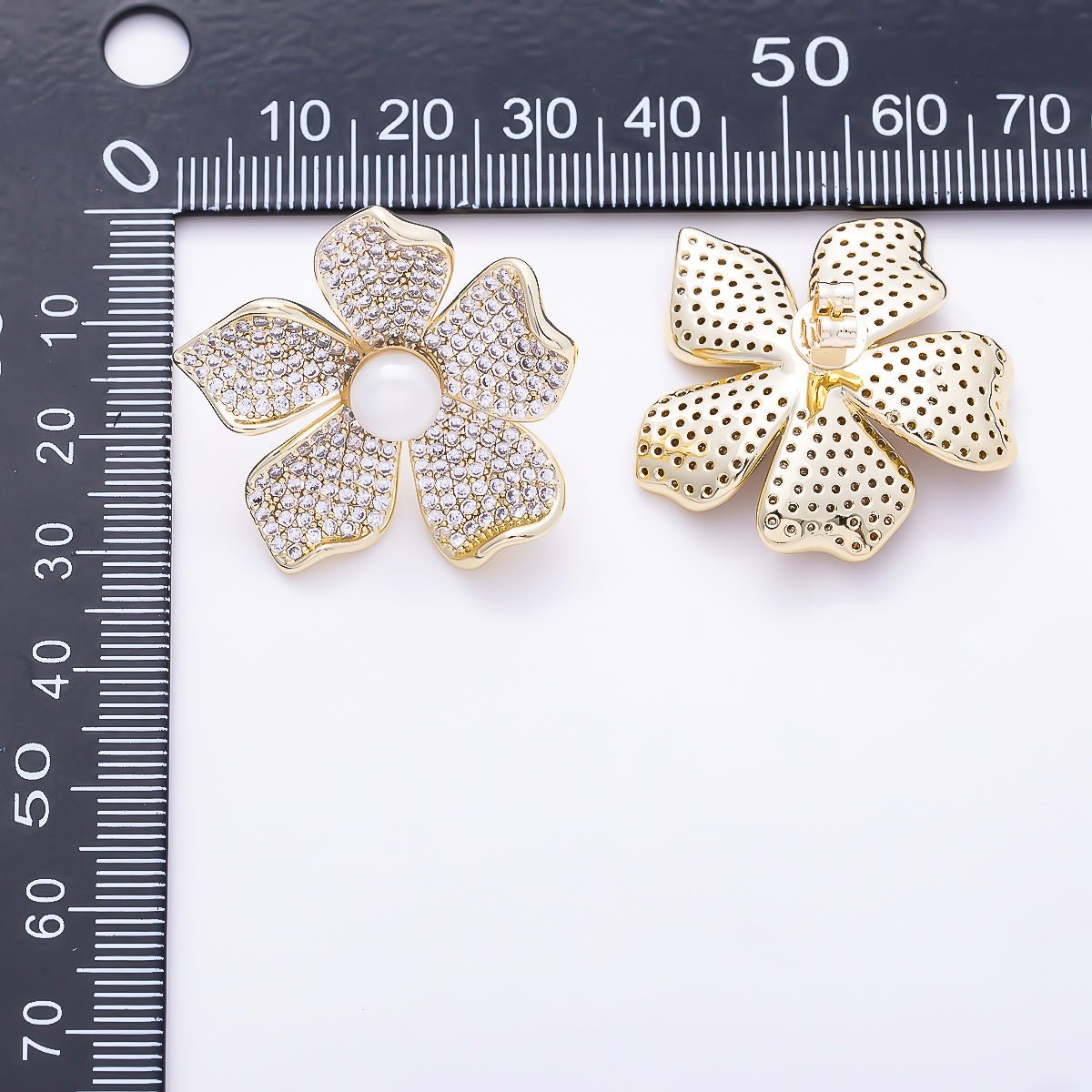 16K Gold Filled 32mm Shell Pearl Micro Paved CZ 5-Petal Flower Stud Earrings | Earrings-00806 - DLUXCA