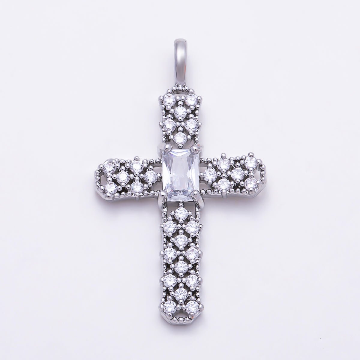 16K Gold Filled 33mm Baguette Center Micro Paved CZ Cross Religious Charm | Charms-01841 - Charms-01842 - DLUXCA