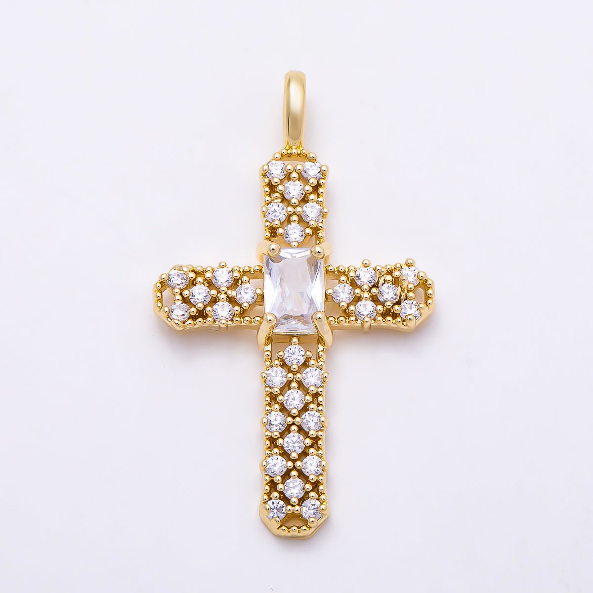 16K Gold Filled 33mm Baguette Center Micro Paved CZ Cross Religious Charm | Charms-01841 - Charms-01842 - DLUXCA
