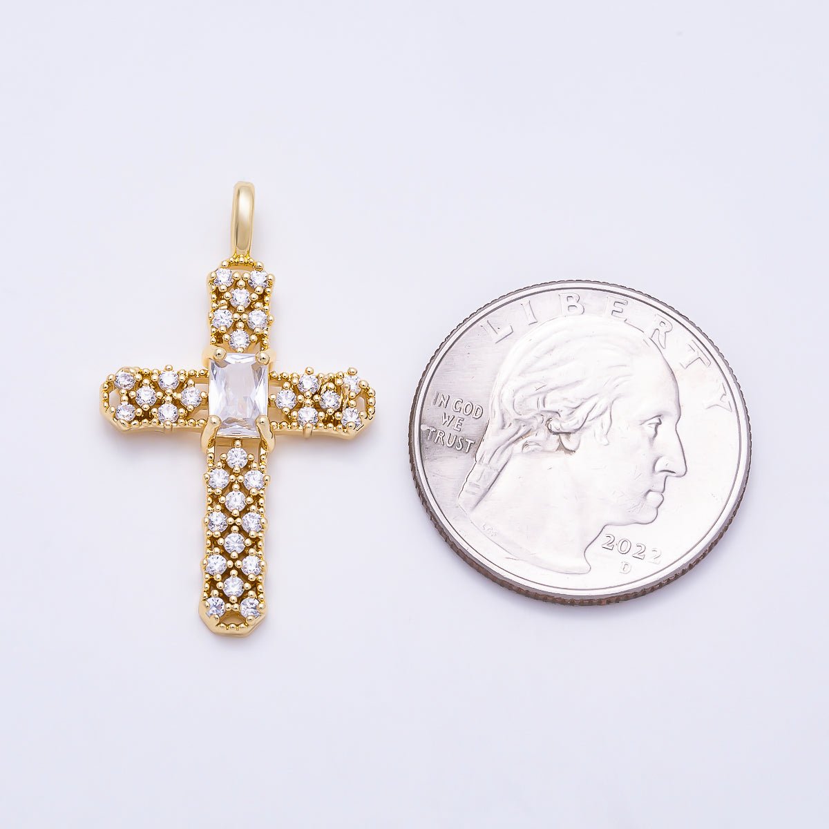 16K Gold Filled 33mm Baguette Center Micro Paved CZ Cross Religious Charm | Charms-01841 - Charms-01842 - DLUXCA