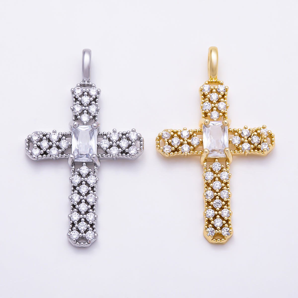 16K Gold Filled 33mm Baguette Center Micro Paved CZ Cross Religious Charm | Charms-01841 - Charms-01842 - DLUXCA