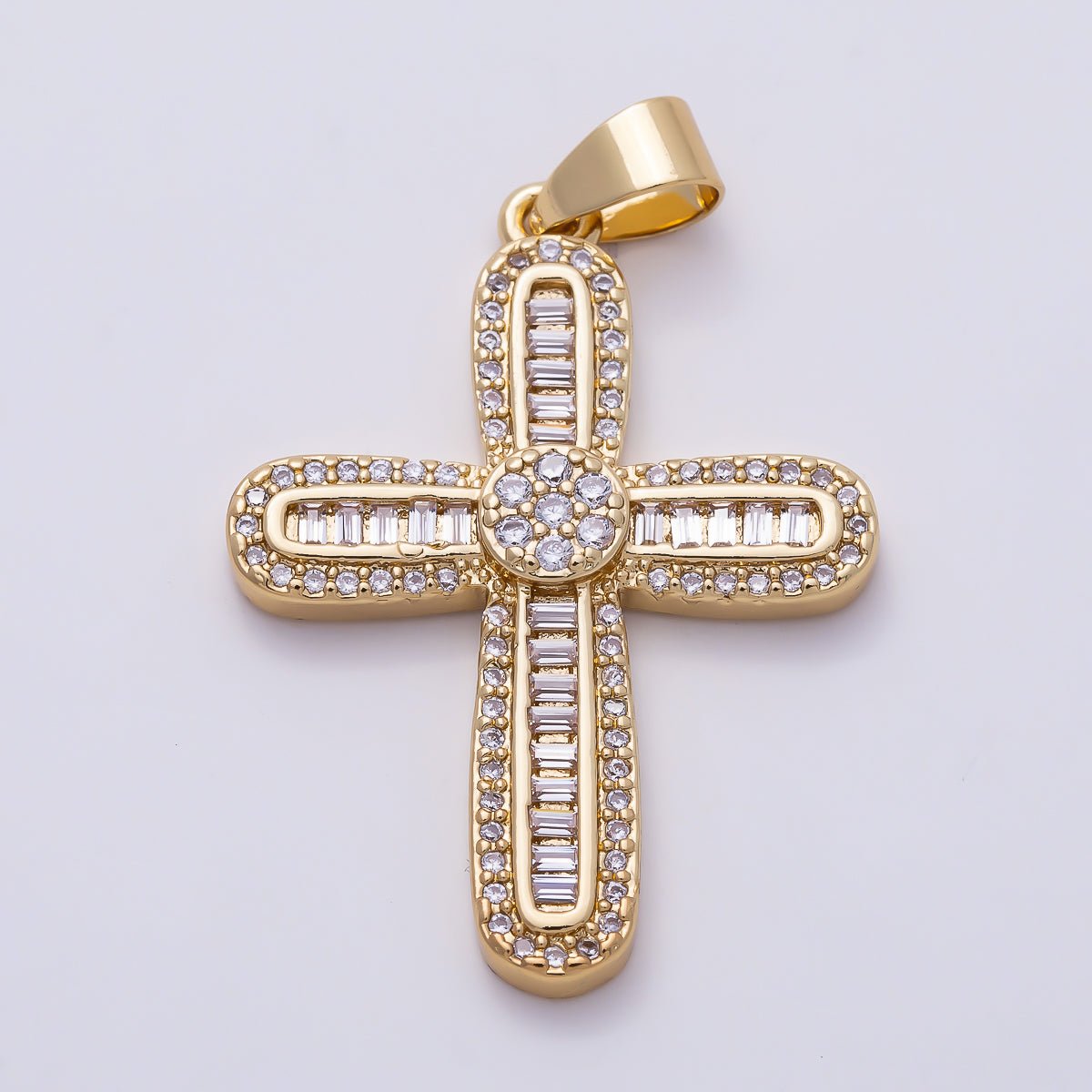 16K Gold Filled 33mm Baguette & Round Micro Paved CZ Cross Religious Pendant | Charms-01648 - DLUXCA
