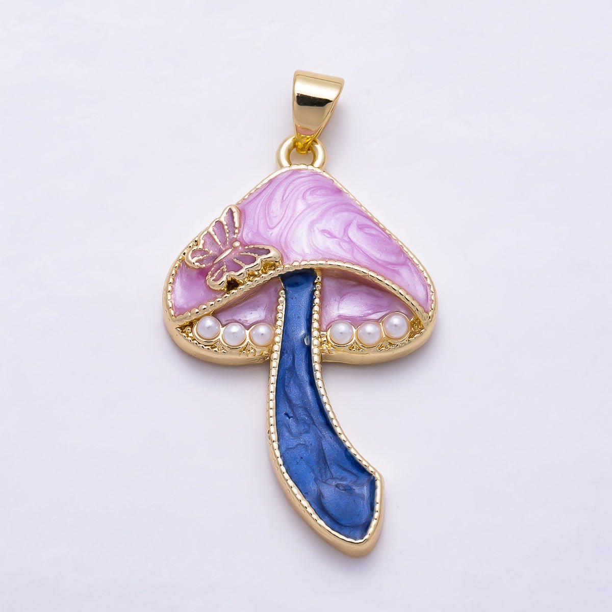16K Gold Filled 33mm Blue and Pink Enamel Butterfly Mushroom Pendant | Charms-01930 - DLUXCA