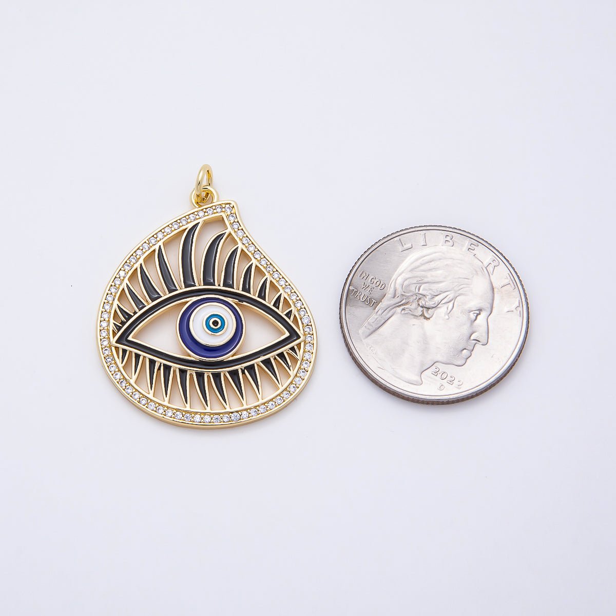 16K Gold Filled 33mm Blue Enamel Micro Paved CZ Evil Eye Open Teardrop Charm | Charms-01056 - DLUXCA