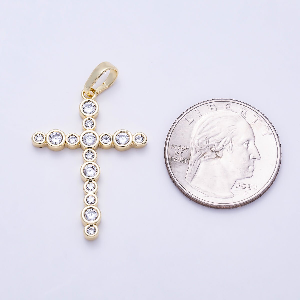 16K Gold Filled 33mm Clear CZ Round Bezel Cross Religious Pendant | Charms-01402 - DLUXCA