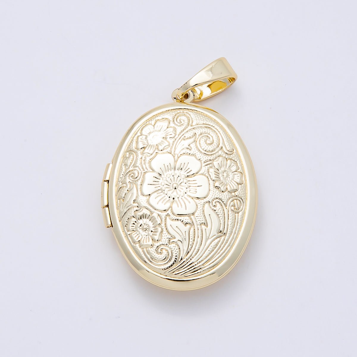 16K Gold Filled 33mm Flower Engraved Oval Locket Pendant | Charms-01098 - DLUXCA
