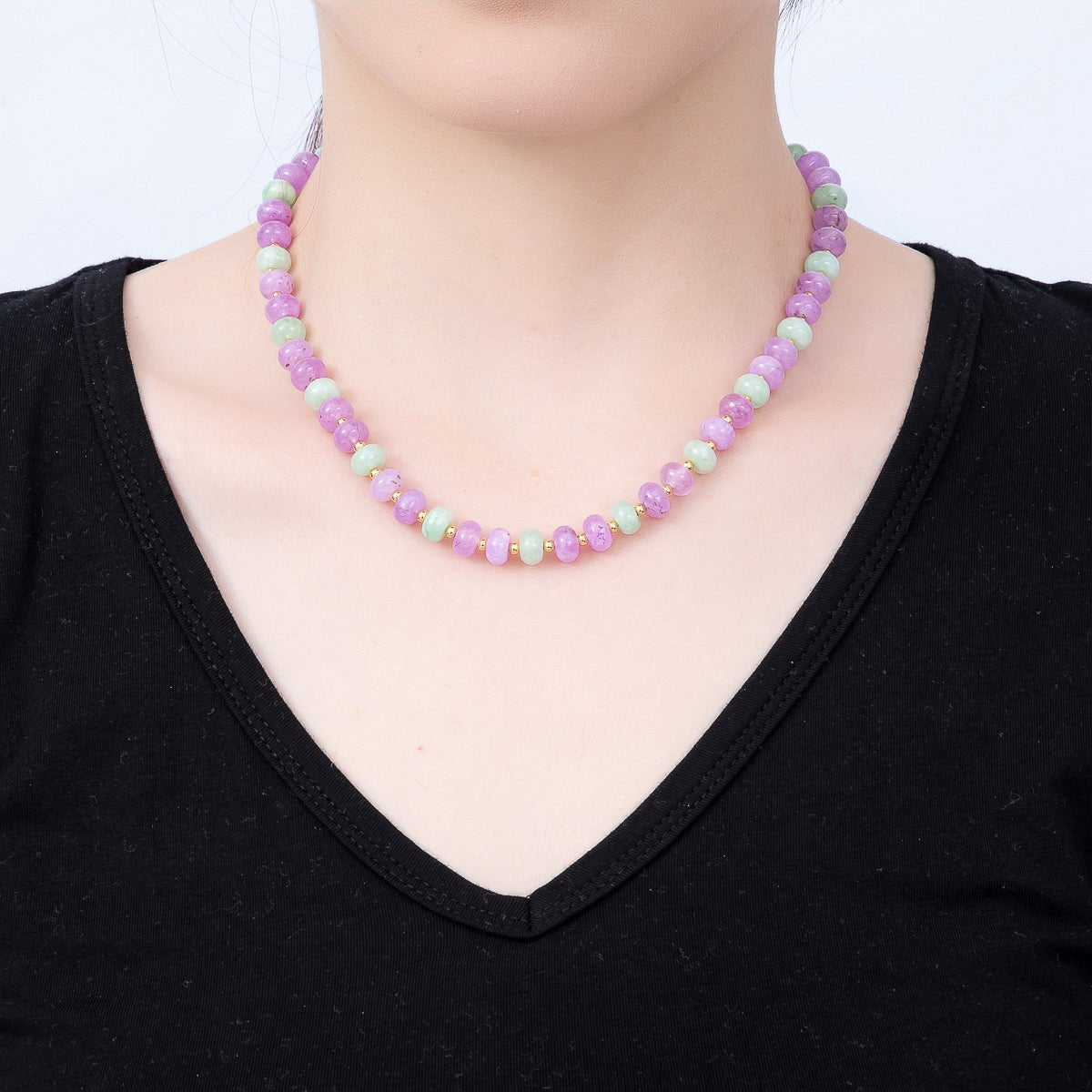 16K Gold Filled 3.3mm Purple Amethyst Green Peridot Rondelle Gemstone Chain 17 Inch Necklace w. Dual Push Gate | WA-02189 - DLUXCA