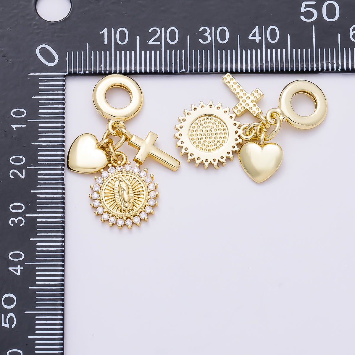 16K Gold Filled 33mm Religious Cross Heart Mother Mary CZ Round Drop Rondelle Pendant | Charms-01158 - DLUXCA