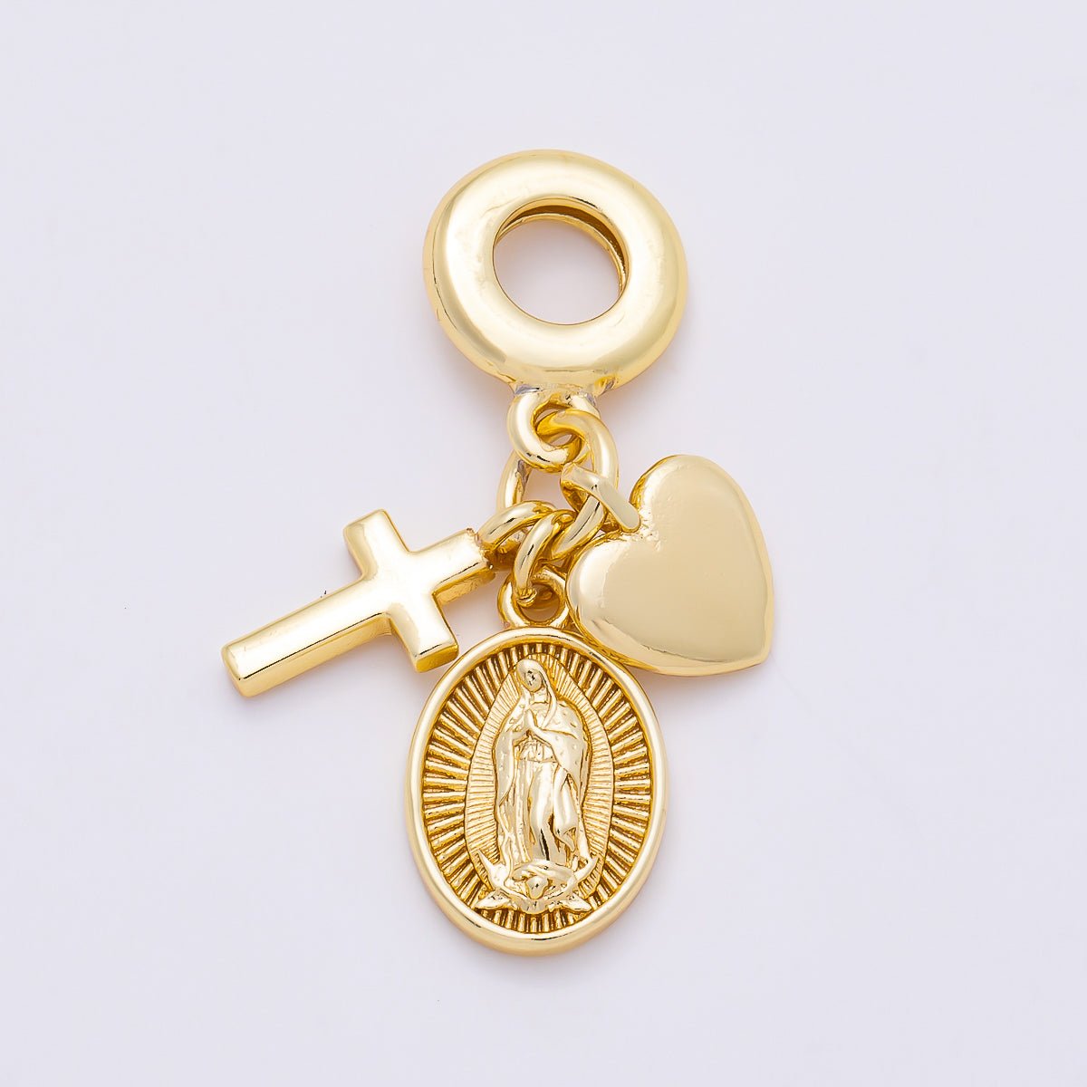 16K Gold Filled 33mm Religious Heart Cross Mother Mary Sunburst Oval Drop Rondelle Pendant | Charms-01153 - DLUXCA