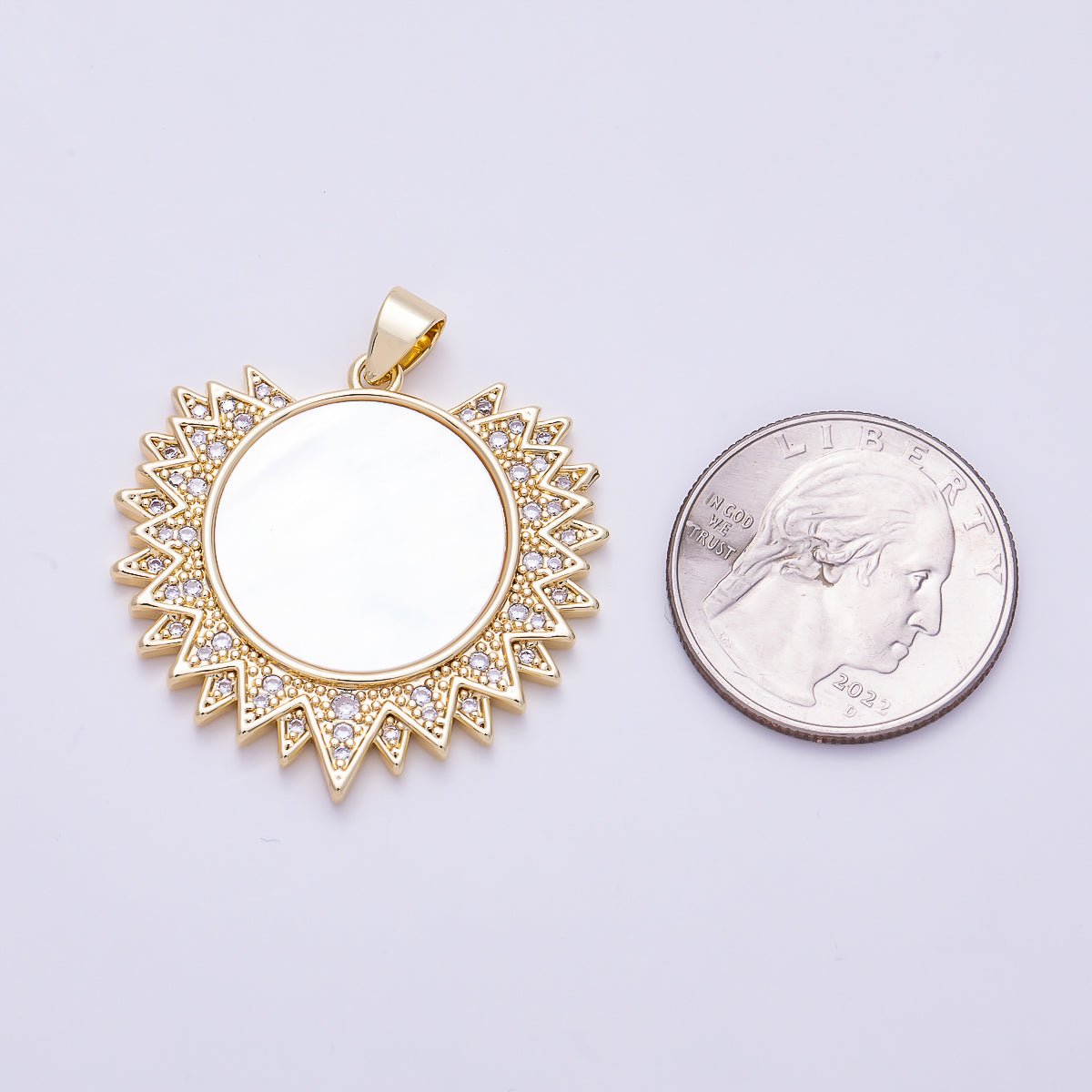 16K Gold Filled 33mm Shell Pearl Micro Paved Celestial Sun Pendant | Charms-01494 - DLUXCA