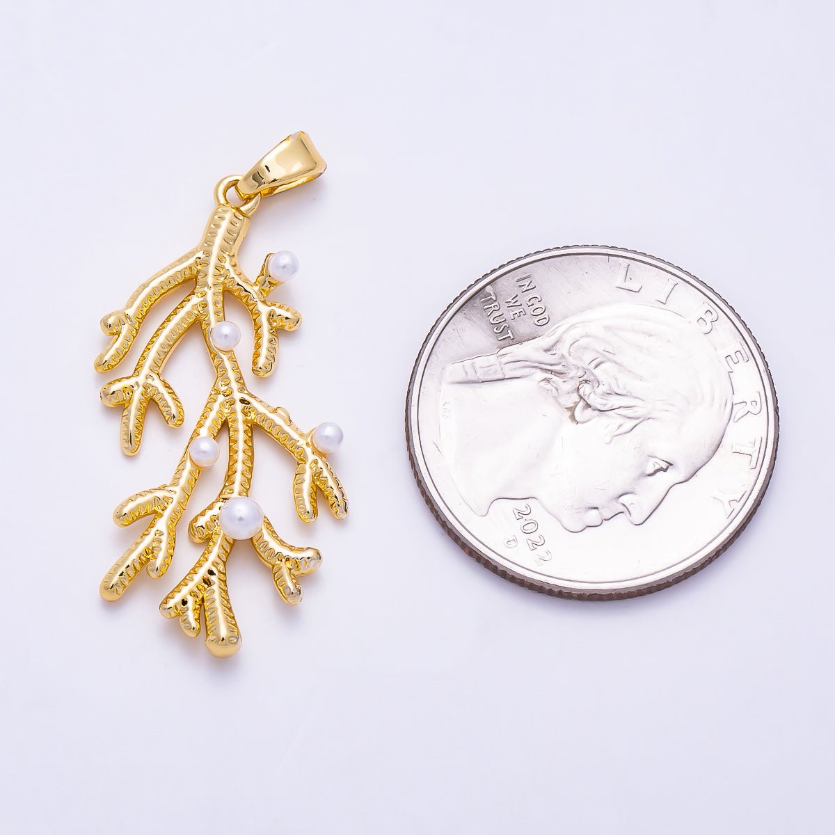 16K Gold Filled 33mm Shell Pearl Minimalist Textured Coral Branch Pendant | Charms-02000 - DLUXCA