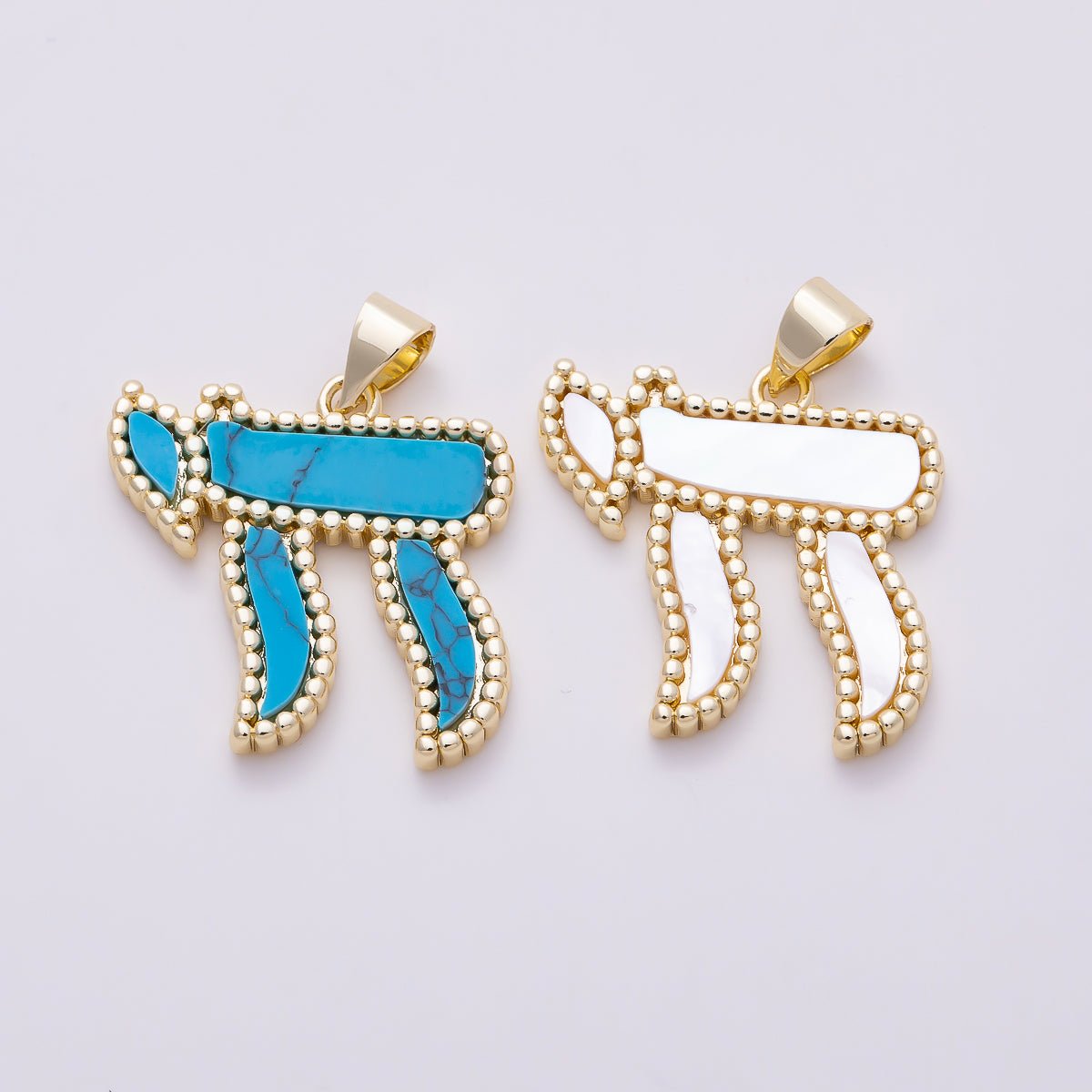 16K Gold Filled 33mm Turquoise, White Quartz Natural Gemstone Beaded Edge Chai Symbol Religious Pendant | Charms-01649 - Charms-01650 - DLUXCA