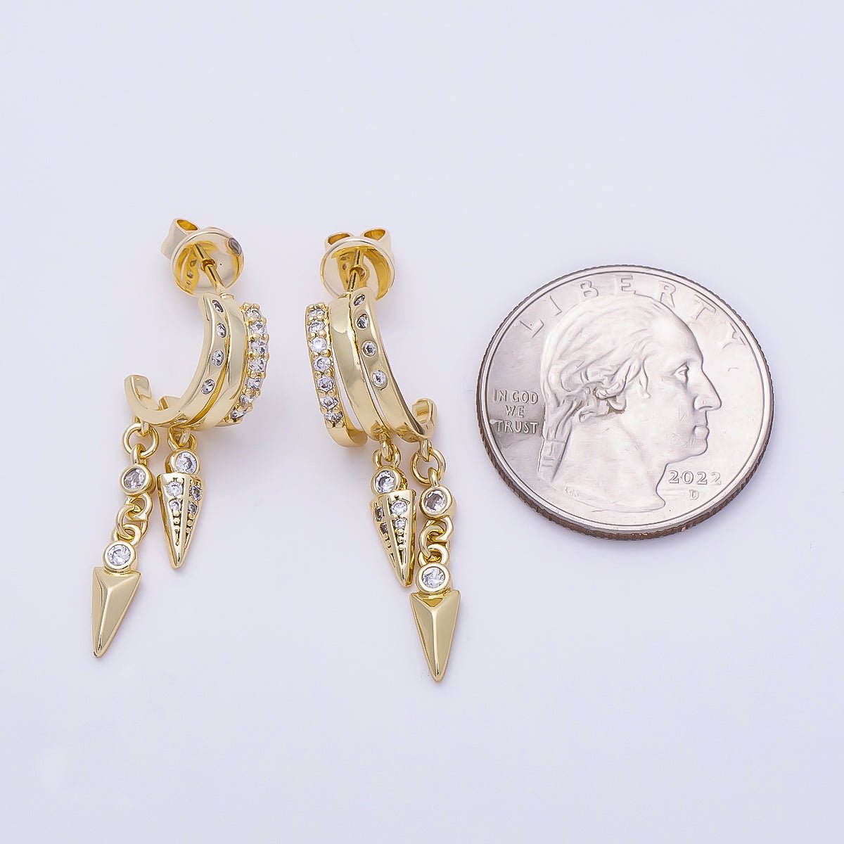 16K Gold Filled 34mm Clear Micro Paved CZ Dotted Spiked C-Shaped Hoop | Earrings-00687 - DLUXCA