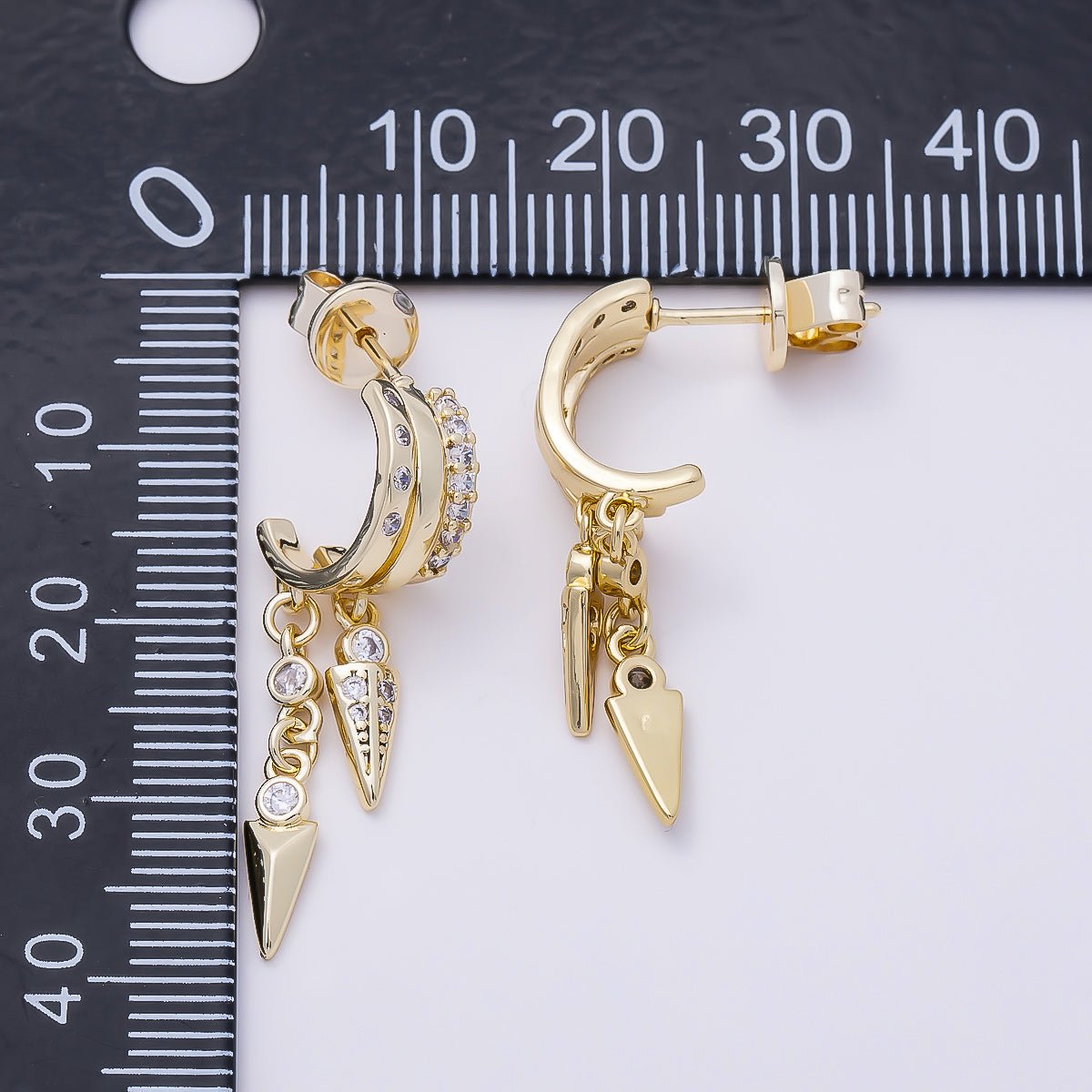 16K Gold Filled 34mm Clear Micro Paved CZ Dotted Spiked C-Shaped Hoop | Earrings-00687 - DLUXCA