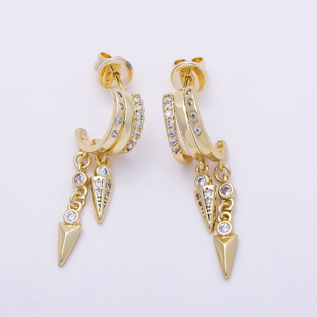 16K Gold Filled 34mm Clear Micro Paved CZ Dotted Spiked C-Shaped Hoop | Earrings-00687 - DLUXCA