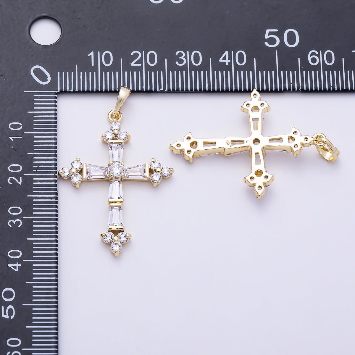 16K Gold Filled 35mm Clear CZ Baguette Micro Paved Religious Cross Pendant | Charms-01380 - DLUXCA