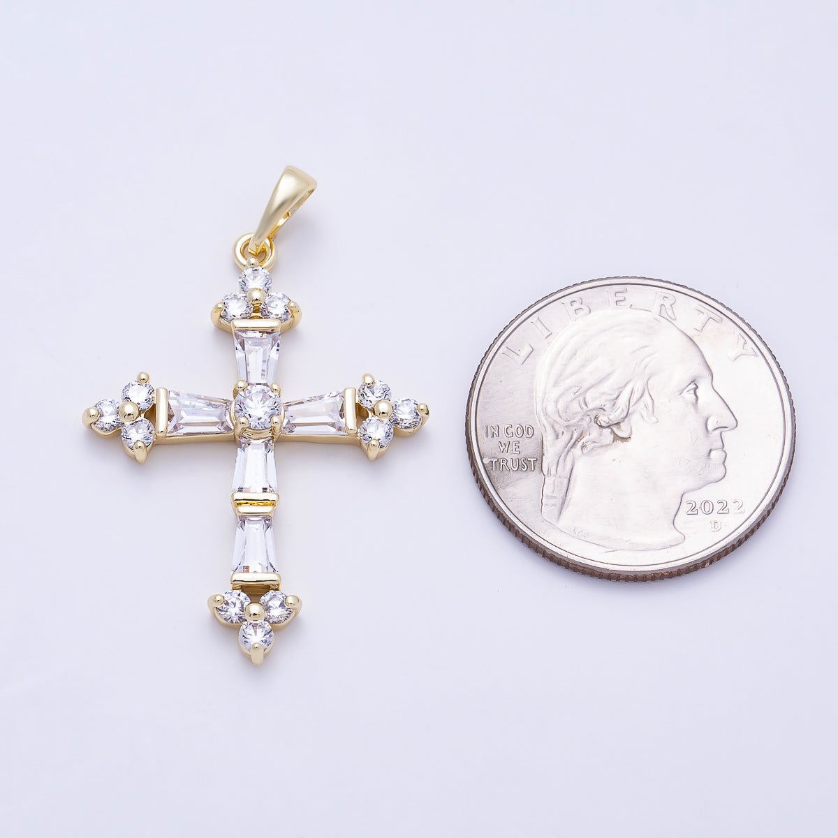 16K Gold Filled 35mm Clear CZ Baguette Micro Paved Religious Cross Pendant | Charms-01380 - DLUXCA