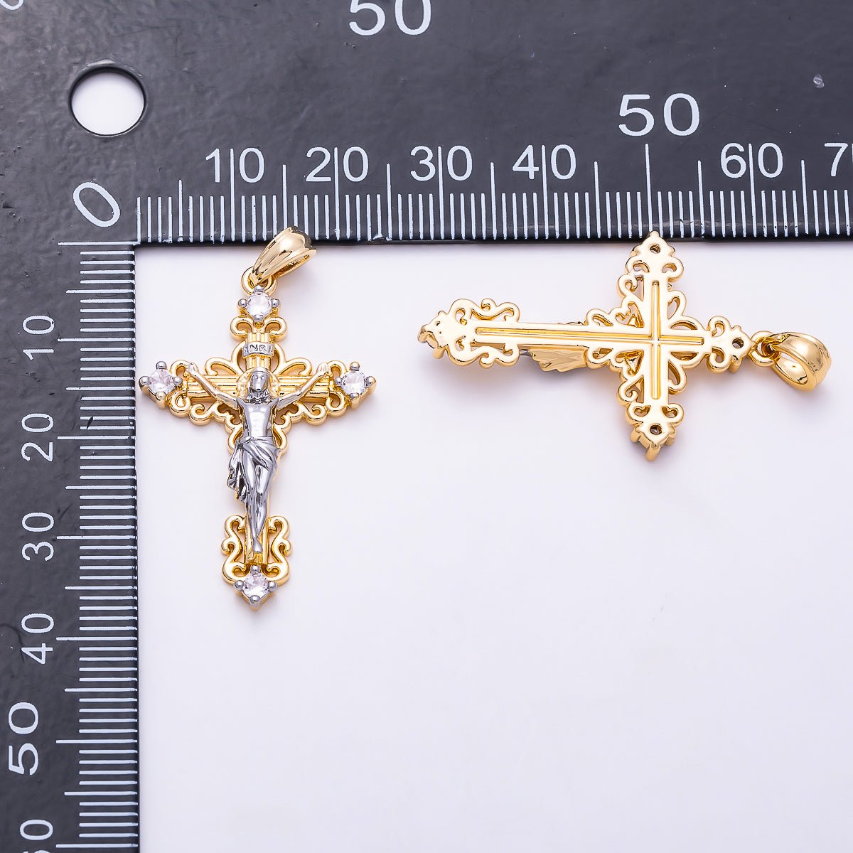16K Gold Filled 35mm CZ Crucifix Cross Mixed Metal Religious Pendant | Charms-02006 - DLUXCA