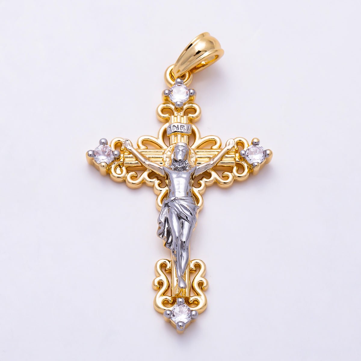 16K Gold Filled 35mm CZ Crucifix Cross Mixed Metal Religious Pendant | Charms-02006 - DLUXCA