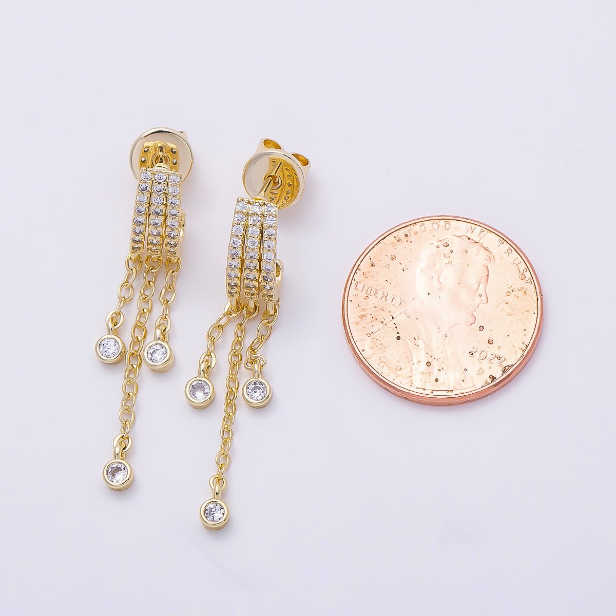16K Gold Filled 35mm Micro Paved CZ Round Bezel Chain Drop J-Shaped Hoop | Earrings-00689 - DLUXCA