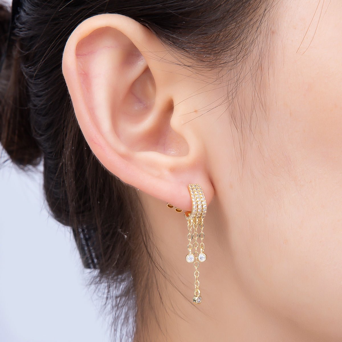 16K Gold Filled 35mm Micro Paved CZ Round Bezel Chain Drop J-Shaped Hoop | Earrings-00689 - DLUXCA