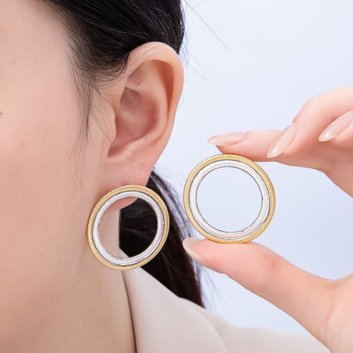 16K Gold Filled 35mm Mixed Metal Ribbed Double Open Round Stud Earrings | Earrings - 00320 - DLUXCA