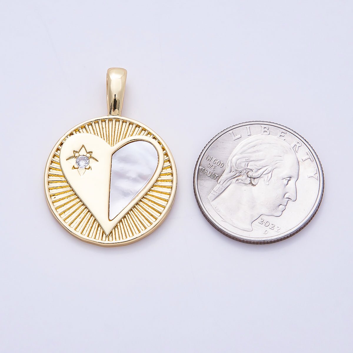 16K Gold Filled 35mm Mother of Pearl Clear CZ Heart Medallion Charm | Charms - 00757 - DLUXCA